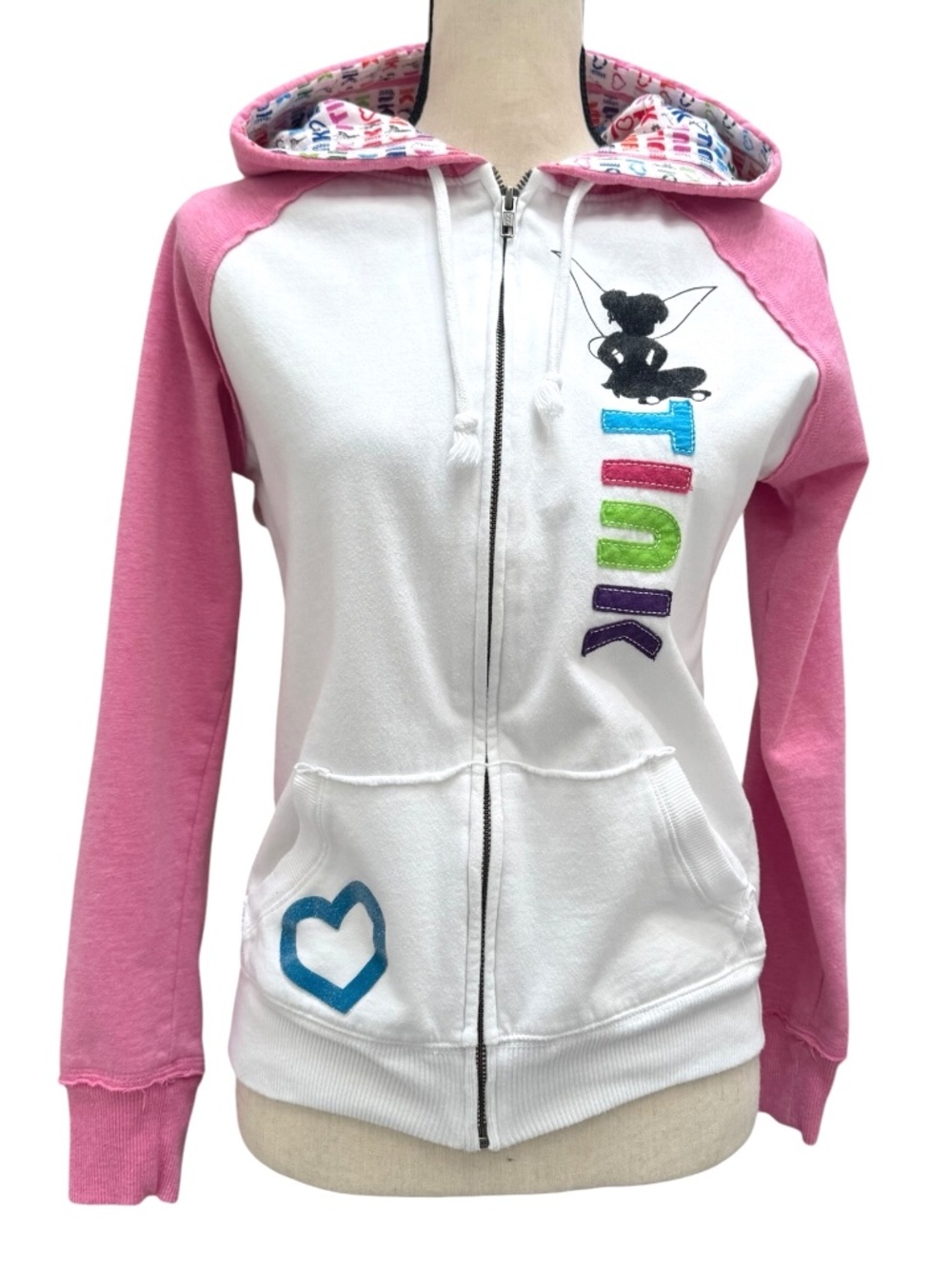 DISNEY PARKS TINKERBELL "TINK" PINK & WHITE FULL ZIP HOODIE